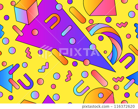 Geometric seamless pattern with 3d shapes in 80s style. Colorful gradient geometric pattern in isometric style. Design of promotional products, wrapping paper and printing. Vector illustration Geometric seamless pattern with 3d shapes in 80s style. Colorful gradient geometric pattern in isometric style. Design of promotional products, wrapping paper and printing. Vector illustration 116372620