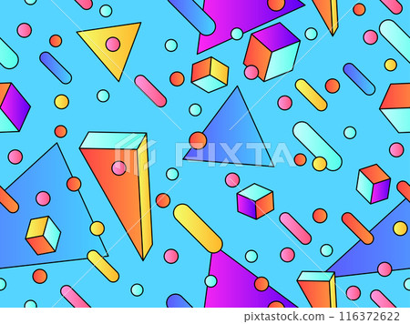 Geometric seamless pattern with 3d shapes in 80s style. Colorful gradient geometric pattern in isometric style. Design of promotional products, wrapping paper and printing. Vector illustration 116372622
