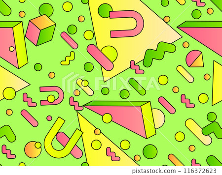 Geometric seamless pattern with 3d shapes in 80s style. Colorful gradient geometric pattern in isometric style. Design of promotional products, wrapping paper and printing. Vector illustration Geometric seamless pattern with 3d shapes in 80s style. Colorful gradient geometric pattern in isometric style. Design of promotional products, wrapping paper and printing. Vector illustration 116372623