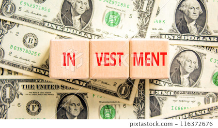 Investment symbol. Concept word Investment on beautiful wooden blocks. Dollar bills. Beautiful background from dollar bills. Business investment concept. Copy space. Investment symbol. Concept word Investment on beautiful wooden blocks. Dollar bills. Beautiful background from dollar bills. Business investment concept. Copy space. 116372676