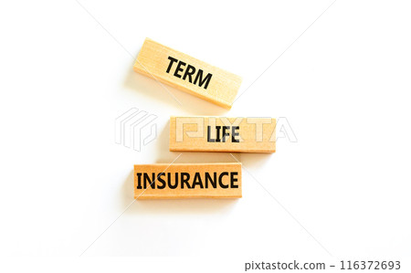 Term life insurance symbol. Concept words Term life insurance on beautiful wooden blocks. Beautiful white table white background. Medical term life insurance concept. Copy space. 116372693
