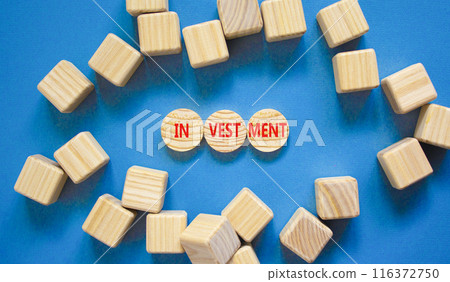 Investment symbol. Concept word Investment on beautiful wooden circles. Beautiful blue table blue background. Wooden cubes. Business investment concept. Copy space. 116372750