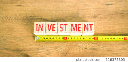 Investment symbol. Concept word Investment on beautiful wooden cubes. Beautiful wooden background. Beautiful yellow ruler. Business investment concept. Copy space. 116372803