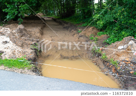 Construction site with muddy puddle, dirt path, hill, forest on right Construction site with muddy puddle, dirt path, hill, forest on right 116372810