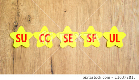 Successful symbol. Concept word Successful on beautiful yellow paper stars. Beautiful wooden background. Business successful concept. Copy space. Successful symbol. Concept word Successful on beautiful yellow paper stars. Beautiful wooden background. Business successful concept. Copy space. 116372813