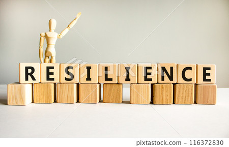Resilience symbol. Concept word Resilience on beautiful wooden blocks. Beautiful white background. Businessman model. Business resilience concept. Copy space. Resilience symbol. Concept word Resilience on beautiful wooden blocks. Beautiful white background. Businessman model. Business resilience concept. Copy space. 116372830