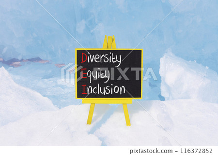 DEI diversity equity and inclusion symbol. Concept words DEI diversity equity inclusion on blackboard. Beautiful blue ice background. Business DEI diversity equity and inclusion concept. Copy space. DEI diversity equity and inclusion symbol. Concept words DEI diversity equity inclusion on blackboard. Beautiful blue ice background. Business DEI diversity equity and inclusion concept. Copy space. 116372852