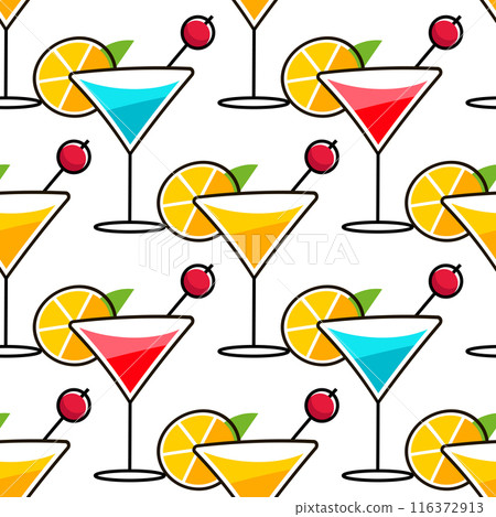 Flat design of yellow orange juice cocktail beverages in different glasses pattern. Vector seamless pattern design for textile, fashion, paper, packaging, wrapping 116372913