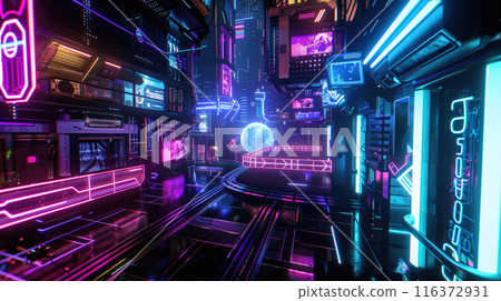 Futuristic cityscape, streets and shops with glass skyscrapers, neon lights, many reflections in blue purple colors 116372931
