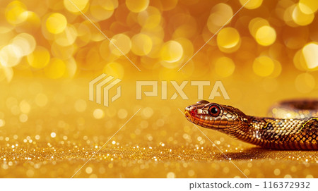 Green snake in red hat year on gold background with Christmas tree and lights. New year design Green snake in red hat year on gold background with Christmas tree and lights. New year design 116372932