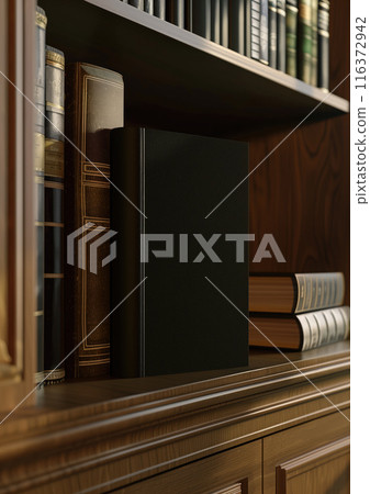 Hardcover book mockup of black color on a stylish dark bookshelf with many other books around 116372942