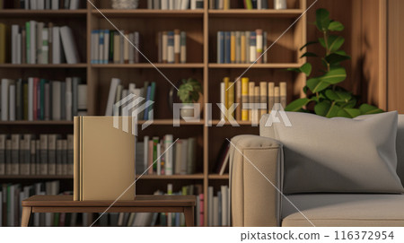 Stylish mockup of a book with a hard cover on a wooden table next to gray sofa and a bookcase in the background 116372954