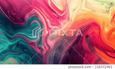 Liquid swirl vibrant abstract design with flowing patterns of green, red, and yellow. The smooth transitions and fluid shapes create a dynamic, energetic visual. 116372965