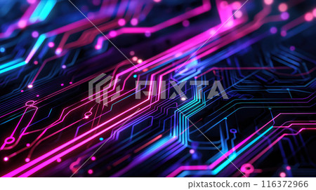 Colorful futuristic circuit board with luminous pathways and advanced digital network 116372966