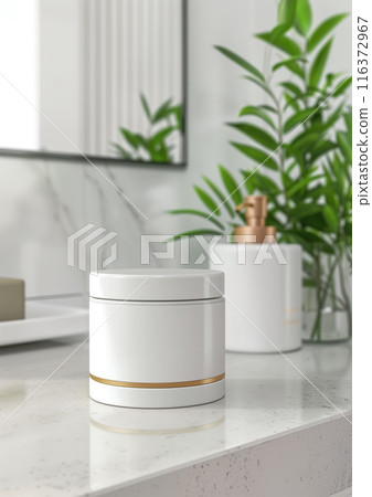 Clean and modern bathroom vanity featuring a skincare jar mockup, beautifully highlighted by natural sunlight 116372967