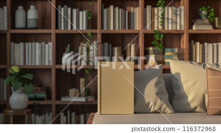 Stylish mockup of a book with a hard cover on a wooden table in classic interior room with bookcase in the background Stylish mockup of a book with a hard cover on a wooden table in classic interior room with bookcase in the background 116372968