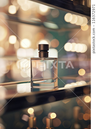 Fragrance bottle mockup on glass shelf illuminated by warm lamps from all sides 116372971