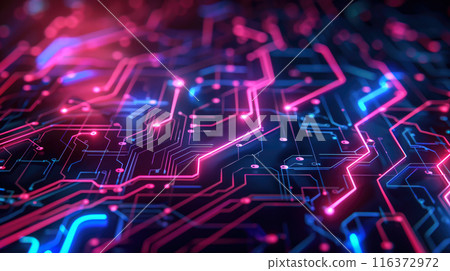 Neon-lit abstract circuit board with vibrant digital pathways and futuristic tech design Neon-lit abstract circuit board with vibrant digital pathways and futuristic tech design 116372972