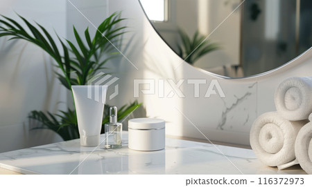 Bright bathroom counter mockup with elegant skincare jar and plant decor 116372973