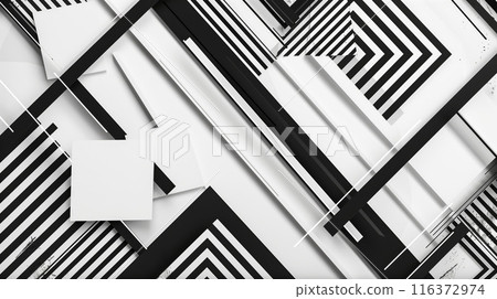 Multiple elegant black and white geometric figures stacked into pattern with squares and lines Multiple elegant black and white geometric figures stacked into pattern with squares and lines 116372974