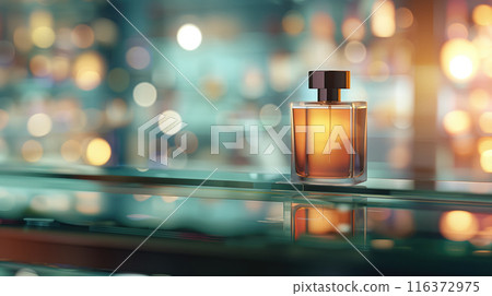 Fragrance bottle mockup with golden liquid on glass shelf illuminated with multiple lamps around 116372975
