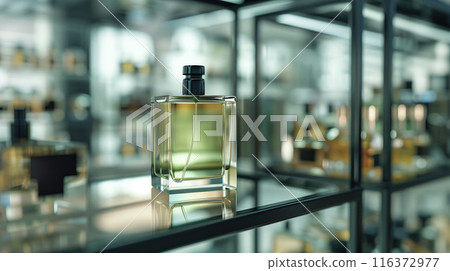 Fragrance perfume bottle mockup with transparent liquid on glass shelf on a store window in a shopping mall Fragrance perfume bottle mockup with transparent liquid on glass shelf on a store window in a shopping mall 116372977