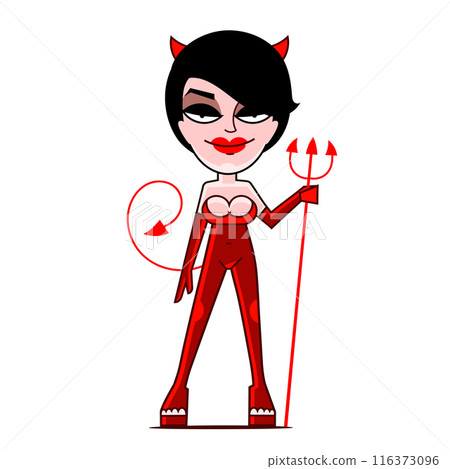 Sexy vintage pinup she devil girl temptress in erotic red latex outfit with pitchfork and demon wings vector Sexy vintage pinup she devil girl temptress in erotic red latex outfit with pitchfork and demon wings vector 116373096