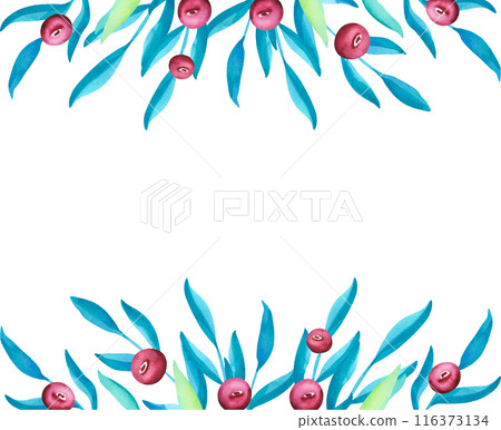 Frame with leaves and berries. Hand drawn Watercolor floral illustration, dusty red berry and blue green foliage. Perfect for greetings, invitations, wrapping paper, textile 116373134