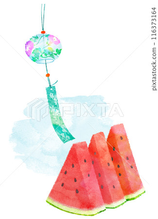 Wind chimes and watermelon illustrations, summer image, hand-drawn 116373164