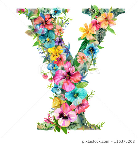 Letter Y Adorned with Beautiful Florals | Watercolor Letter with Flowers | Decorative Letter 116373208