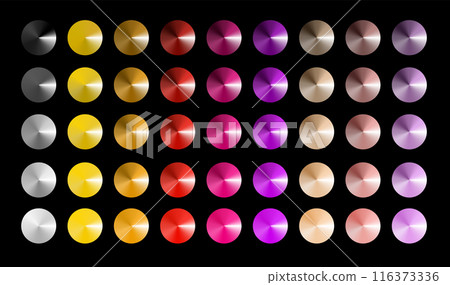 Metal gradient. Multi colored radial gradient set. Collection of shiny foil in rainbow colors palette. Vector 116373336