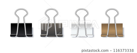 Realistic paper clips. Black white gold silver binder clip, paper holder. Vector 116373338
