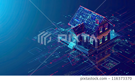 Smart home technology concept, house building with digits connected with icons of home smart devices, 116373370
