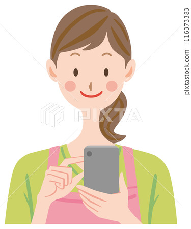 Illustration of a housewife operating a smartphone Illustration of a housewife operating a smartphone 116373383
