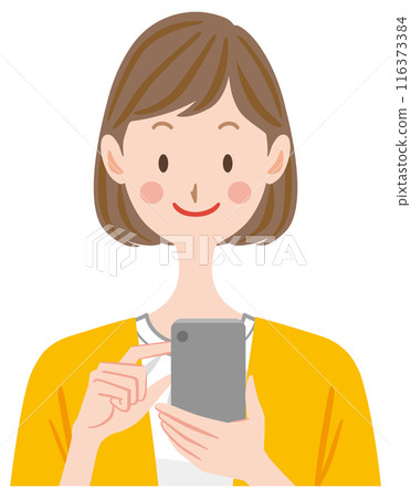 Illustration of a woman operating a smartphone Illustration of a woman operating a smartphone 116373384