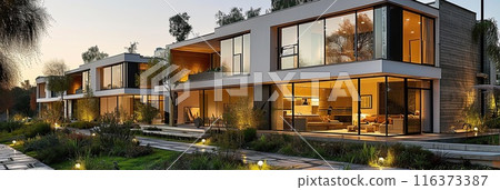 Evening view of the beautiful residential houses of modern architecture 116373387