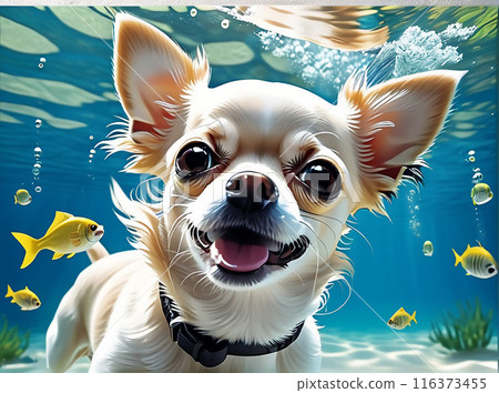 A cute Chihuahua dog swims underwater. Generated AI.  116373455