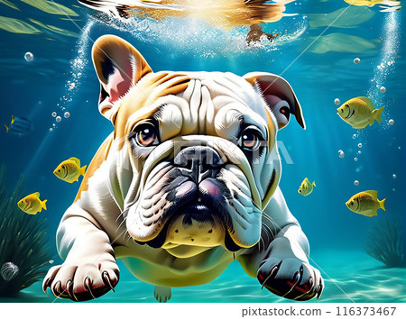 A cute English Bulldog dog swims underwater. Generated AI.  116373467