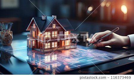 virtual model of a house, rent, sell and mortgage concept 116373469