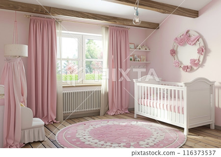 Create a charming nursery with soft pink tones, plush toys, and delightful decorations for a cozy and playful ambiance Create a charming nursery with soft pink tones, plush toys, and delightful decorations for a cozy and playful ambiance 116373537