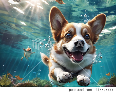 A cute Welsh Corgi dog swims underwater. Generated AI.  116373553