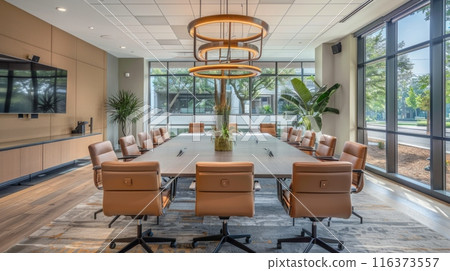 The modern conference room is spacious, elegant, with natural lighting and a scenic view, ideal for corporate use 116373557