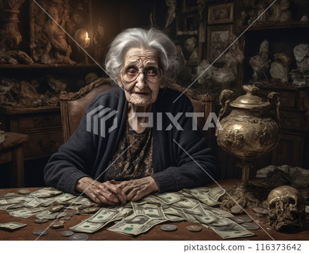 An elderly woman counts money while sitting at the table. AI generated. 116373642