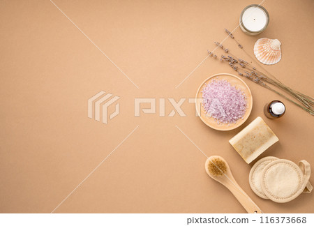 Organic sea salt for the body with dry lavender flowers, sponge, brush, soap and candle  116373668