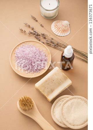 Organic sea salt for the body with dry lavender flowers, sponge, brush, soap and candle  116373671