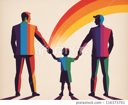 Drawing of a non-traditional family. Rear view of two men and their son walking holding hands.  116373701