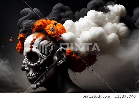 Woman in make-up with a steaming pumpkin. Decorations for Halloween. Generative AI. 116373746