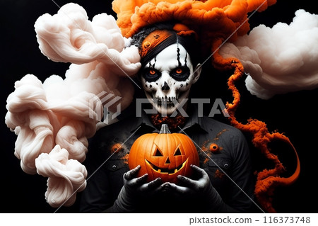 A man with creepy skeleton makeup for Halloween. Generative AI. A man with creepy skeleton makeup for Halloween. Generative AI. 116373748