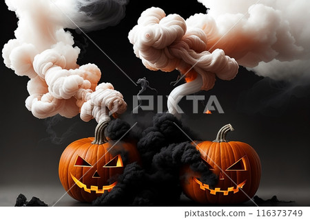 Sinister smoking pumpkin. Decorations for Halloween. Artificial intelligence generated. 116373749