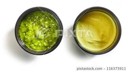 two sauces in plastic cups two sauces in plastic cups 116373911